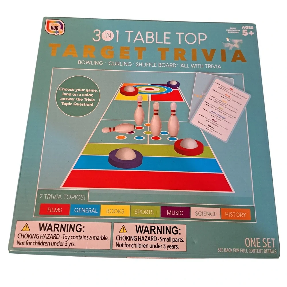 3 in 1 Table Top Target Trivia Bowling Curling Shuffle Board Game Ages 5+